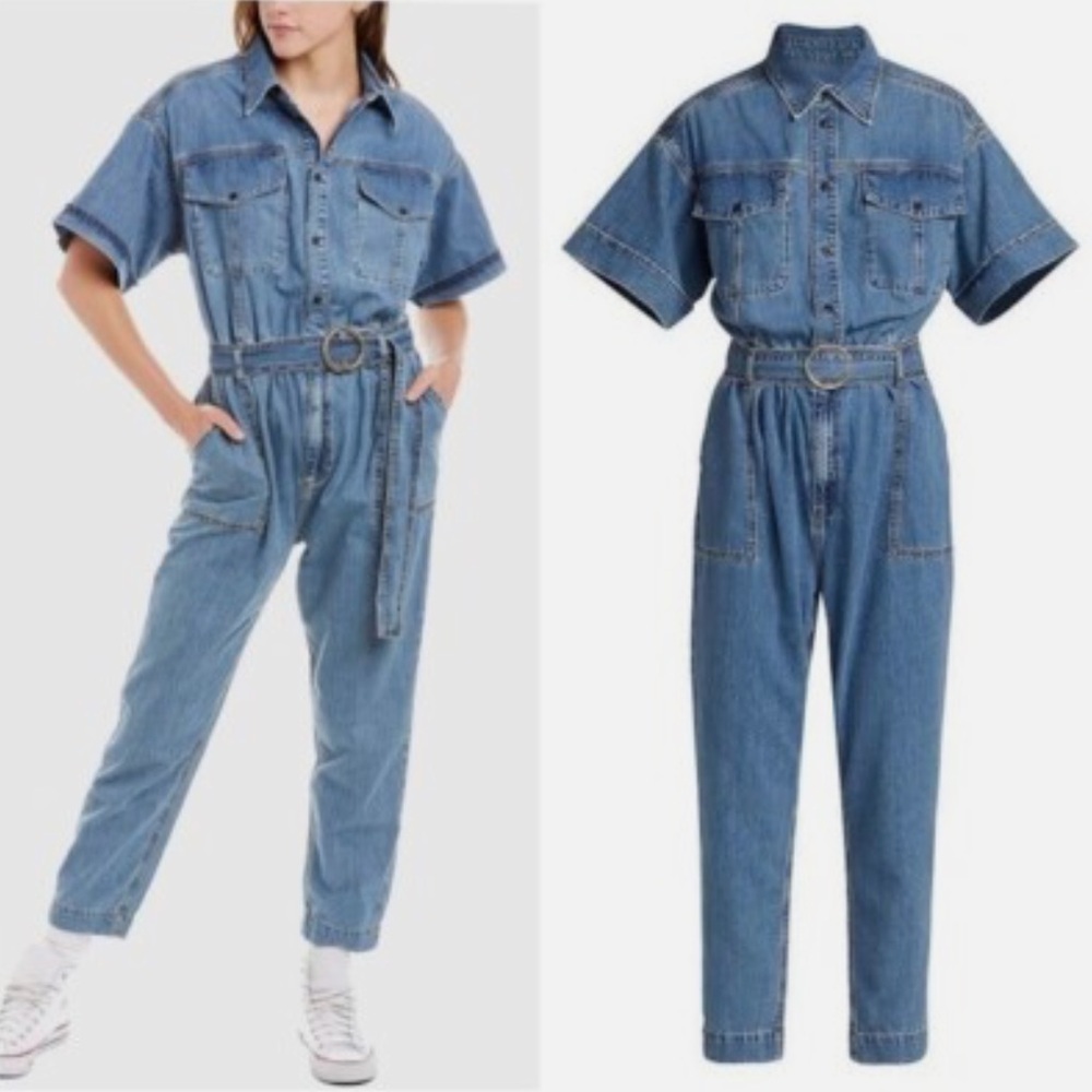 Frame Arie Denim Jumpsuit Short Sleeve Belted Size Medium Nwt